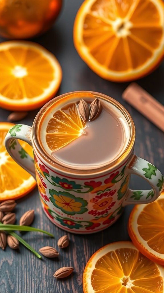 A colorful cup of orange cardamom coffee surrounded by fresh orange slices and spices.