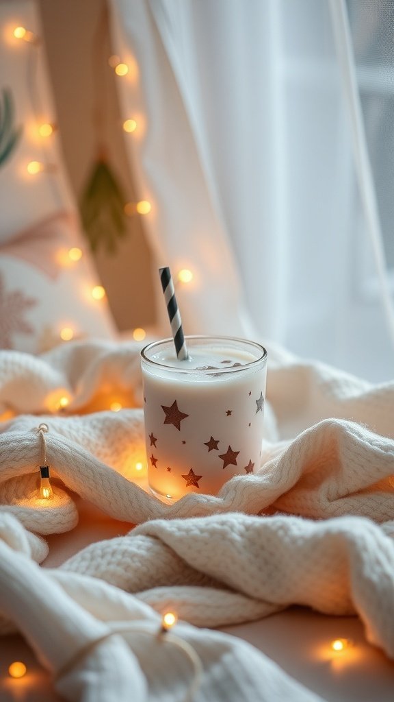 A cozy evening scene featuring a glass of creamy beverage with star patterns, surrounded by a fluffy blanket and fairy lights.