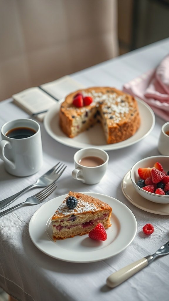 A slice of sour cream coffee cake on a plate, surrounded by fresh berries and coffee.