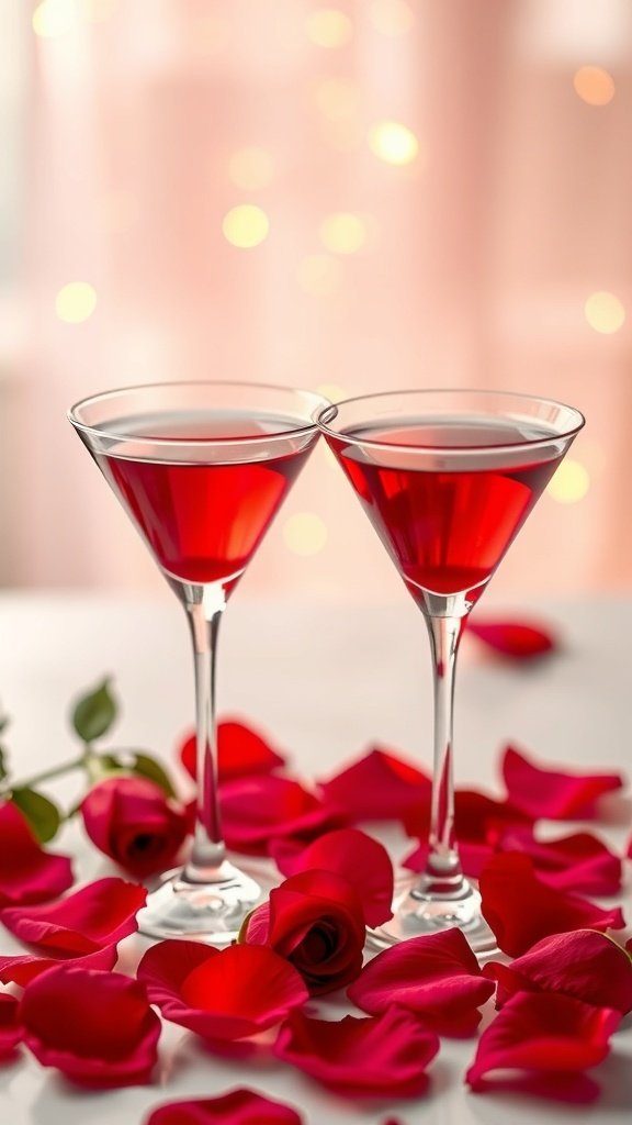 Two martini glasses filled with a red drink, surrounded by rose petals.