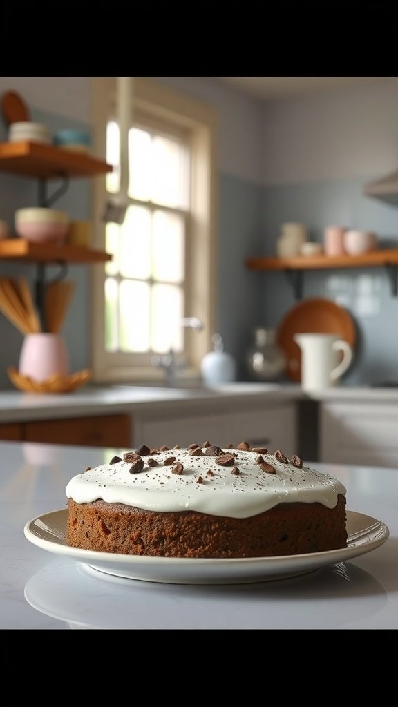 A delicious coffee cake topped with cream and chocolate chips on a white plate in a cozy kitchen.