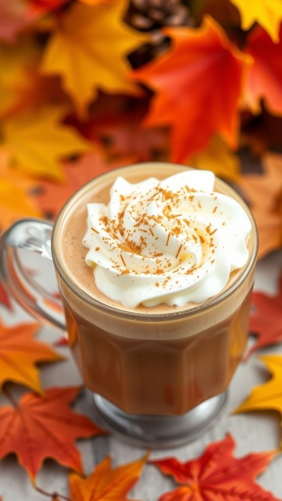 A cup of pumpkin spice hot chocolate topped with whipped cream and cinnamon, surrounded by autumn leaves.