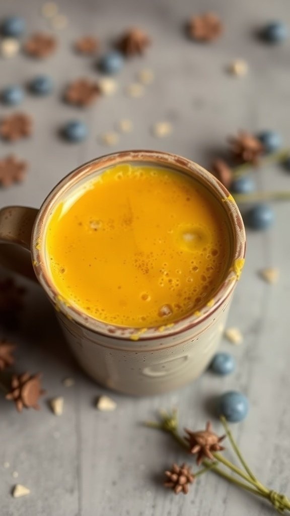 A warm cup of Hot Turmeric Golden Latte surrounded by spices and blue berries.