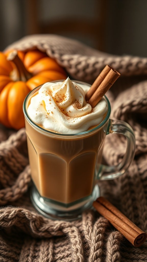 A Pumpkin Cream Chai Latte topped with whipped cream and cinnamon, next to a small pumpkin and a cozy knitted blanket.