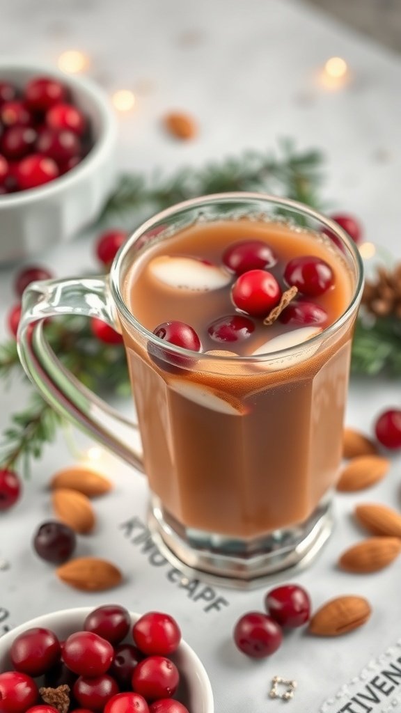 A glass of cranberry almond coffee garnished with cranberries and almonds, surrounded by festive decorations.