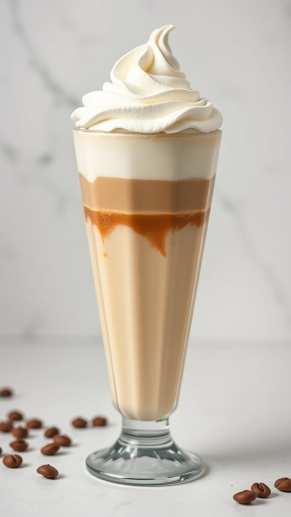 A tall glass of Tiramisu Cold Cream Coffee topped with whipped cream and surrounded by coffee beans.
