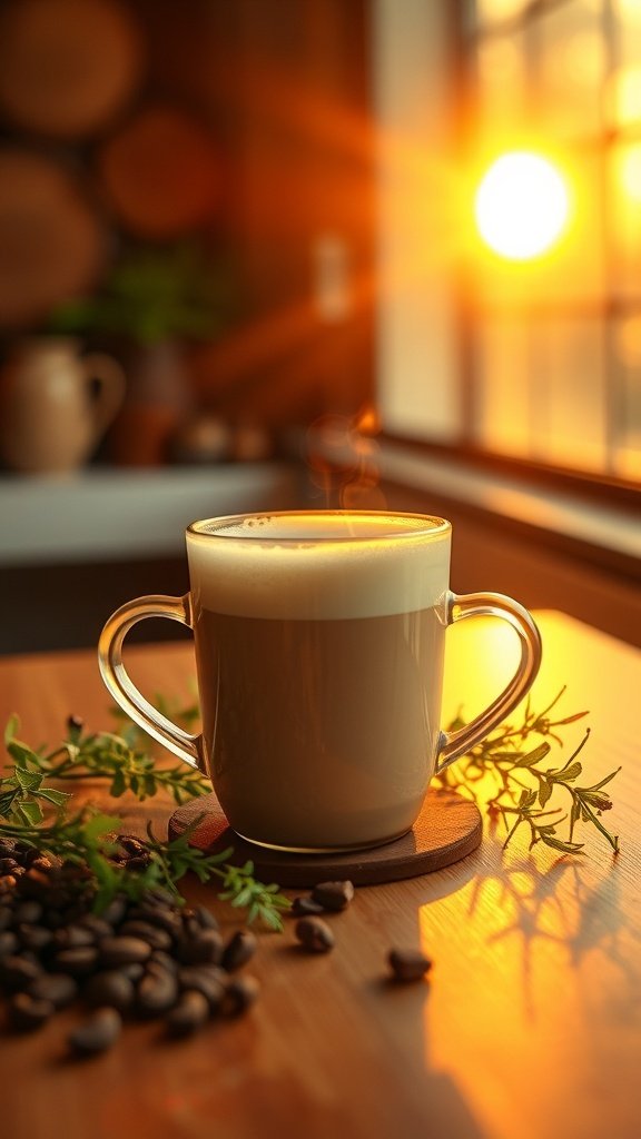 A steaming cup of coffee with herbs and coffee beans on a wooden table, illuminated by morning sunlight.