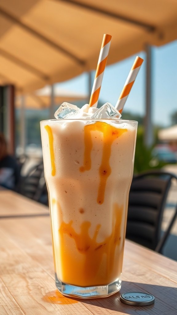 A refreshing iced caramel frappe in a tall glass with whipped cream and caramel drizzle, served with orange and white striped straws.