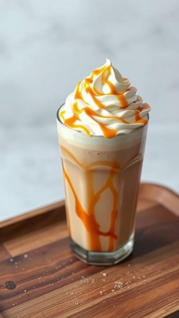 A glass of caramel coffee frappe topped with whipped cream and caramel drizzle