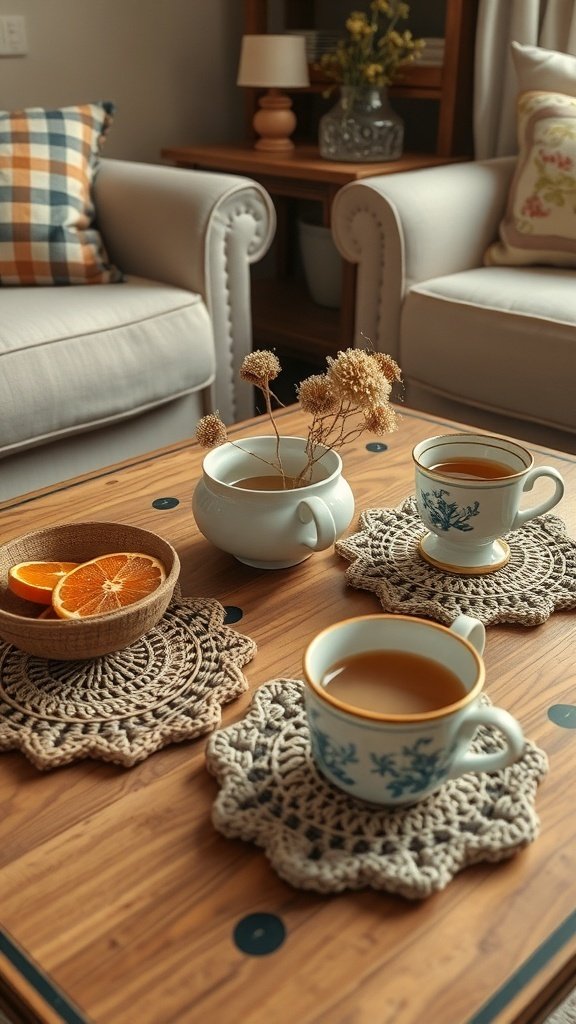 A cozy Christmas coffee table with handmade touches, featuring crochet coasters, a teapot, and a bowl of oranges.
