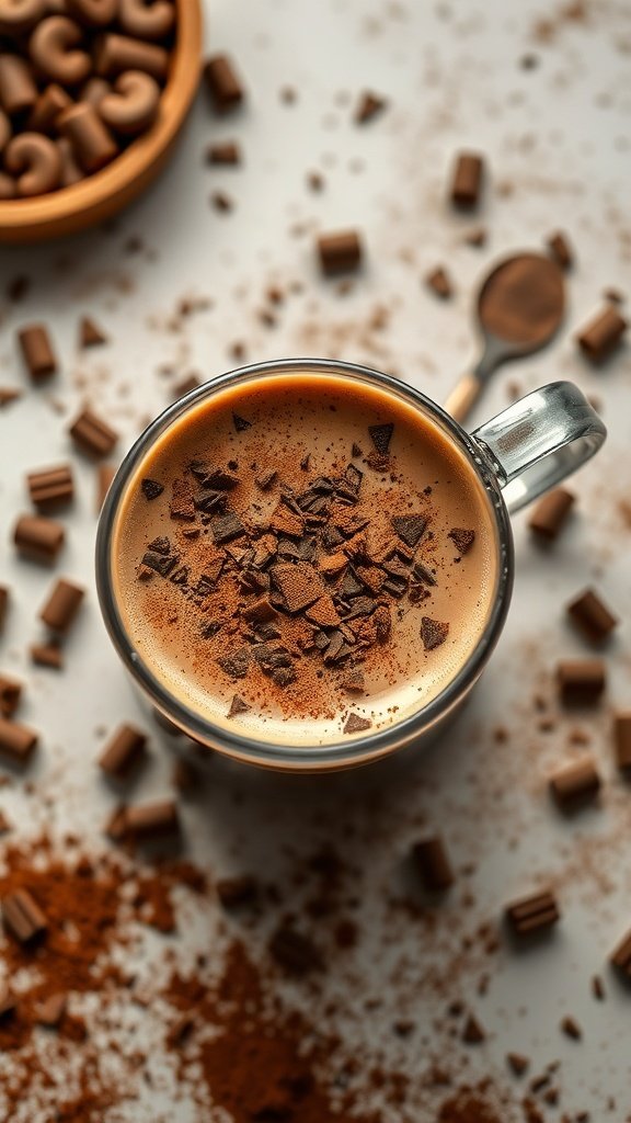 A cup of Mocha Bulletproof Coffee topped with chocolate shavings, surrounded by cocoa powder and chocolate pieces.
