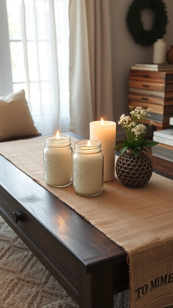 Farmhouse Christmas table decor with mason jars and burlap.