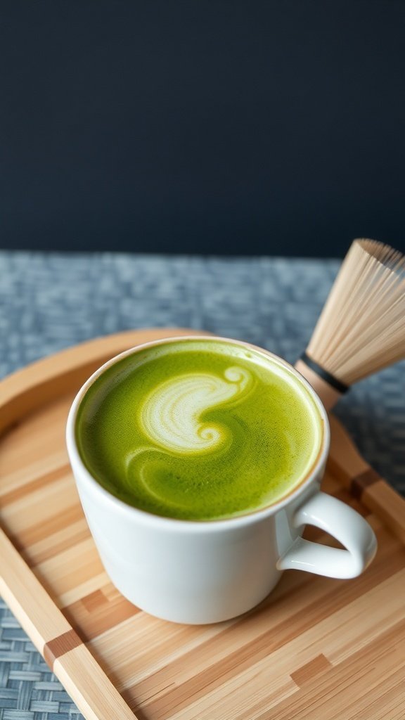 A classic matcha latte in a white cup with creamy froth on a wooden tray.