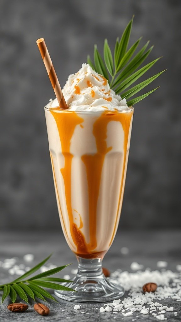A delicious Coconut Caramel Frappe topped with whipped cream and caramel drizzle, surrounded by tropical leaves and coffee beans.