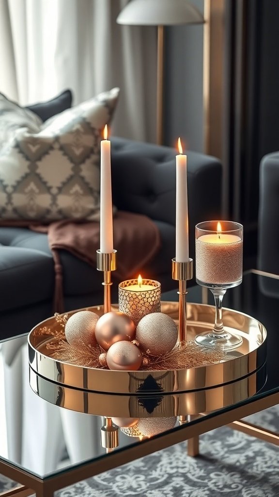 Glam Christmas coffee table decor with rose gold accents and candles.