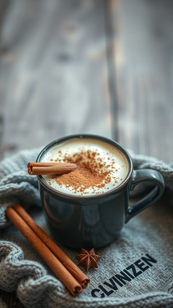 A cozy cup of cinnamon spice cappuccino with cinnamon sticks and a warm knitted background.