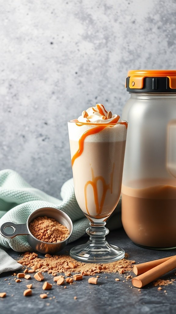 A glass of protein caramel frappe topped with whipped cream and caramel sauce, with protein powder on the side.