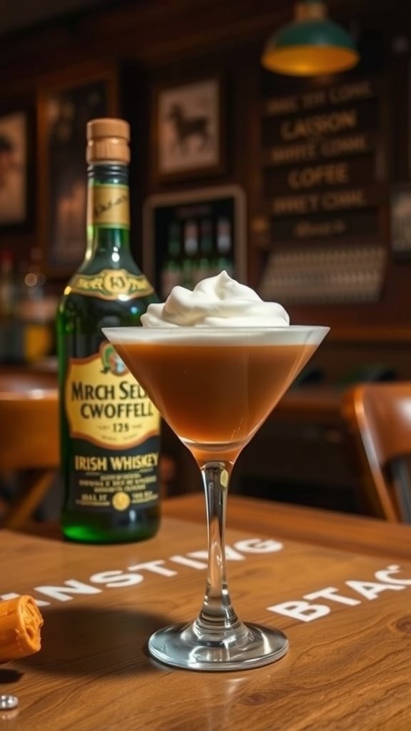 Irish Coffee Martini with whipped cream and Irish whiskey bottle in the background