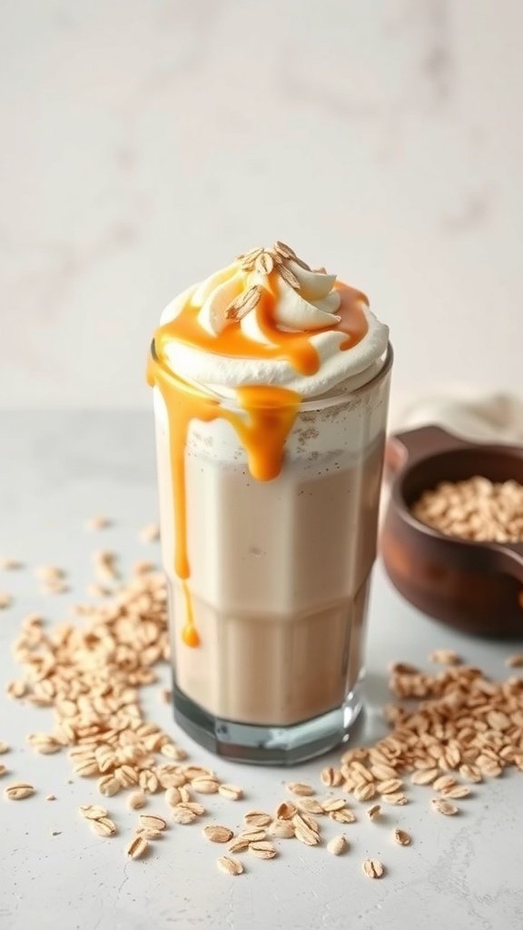 A tall glass of Oat Milk Caramel Frappe topped with whipped cream and caramel drizzle, surrounded by oats.