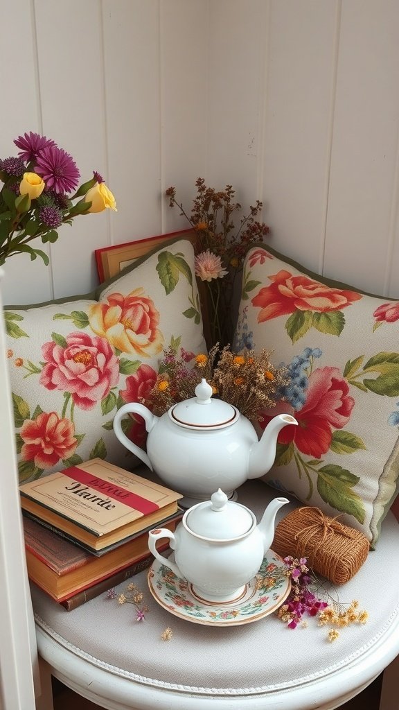 Cozy tea corner with floral cushions, a teapot, and books.