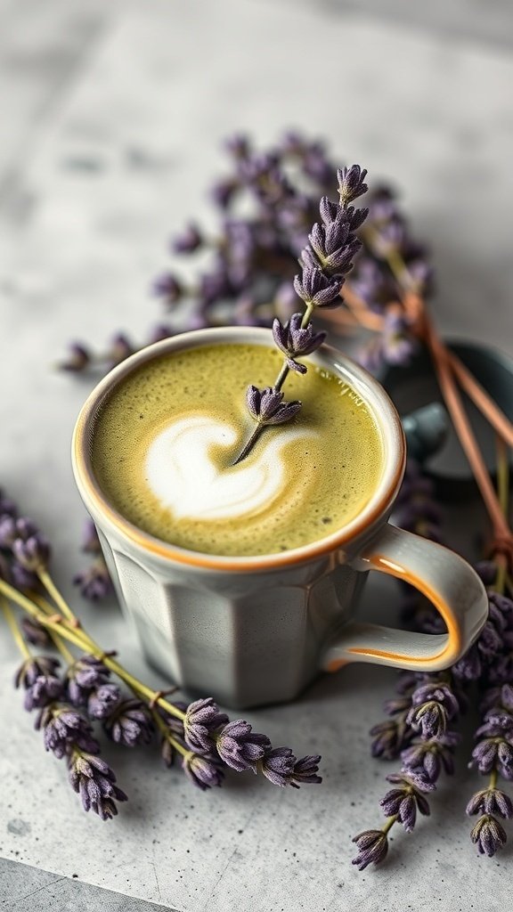 A lavender matcha latte with lavender sprigs around it.