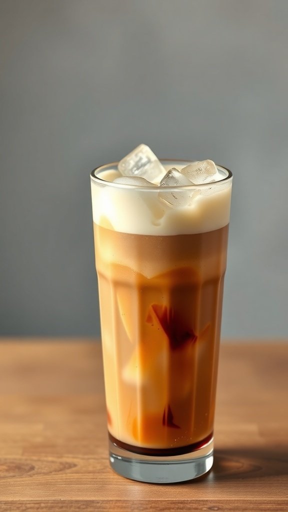 A refreshing iced cappuccino in a tall glass with ice cubes.