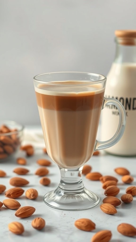 A glass of almond milk cappuccino surrounded by almonds and a bottle of almond milk.