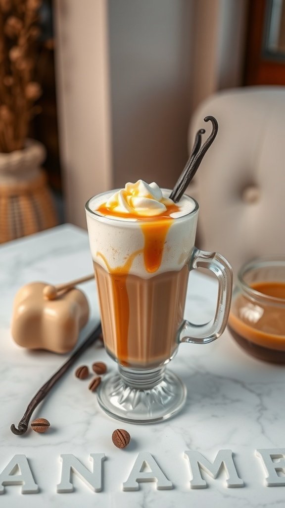 A glass of Vanilla Caramel Frappe topped with whipped cream and caramel drizzle, with vanilla beans and coffee beans around it.