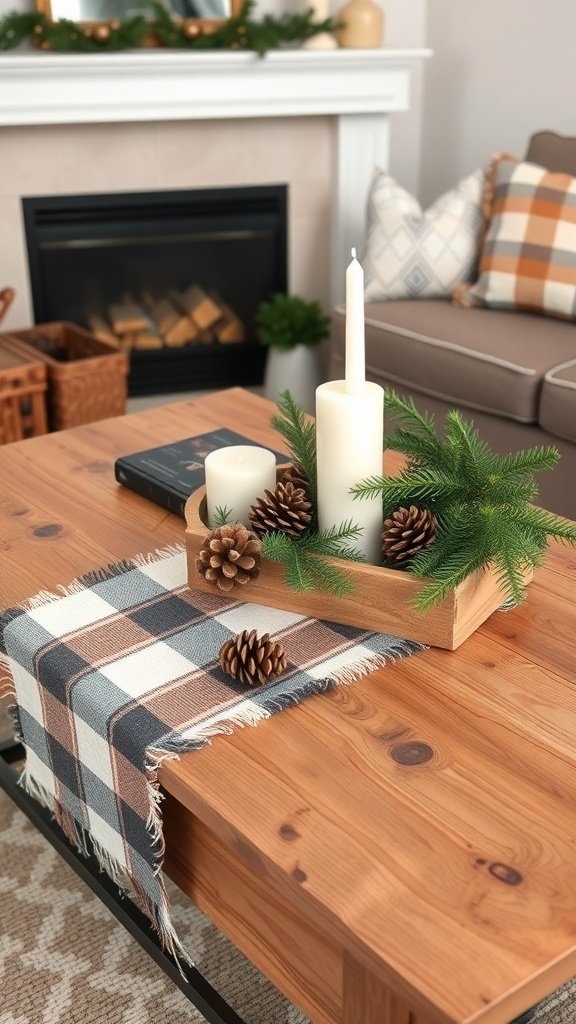 Rustic Christmas coffee table decorated with pinecones and plaid