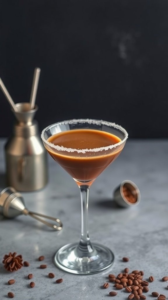 A Salted Coffee Martini in a glass with a salted rim, surrounded by coffee beans and star anise.