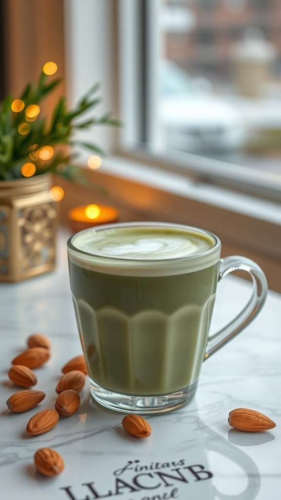 A glass of almond matcha latte with almonds scattered around.