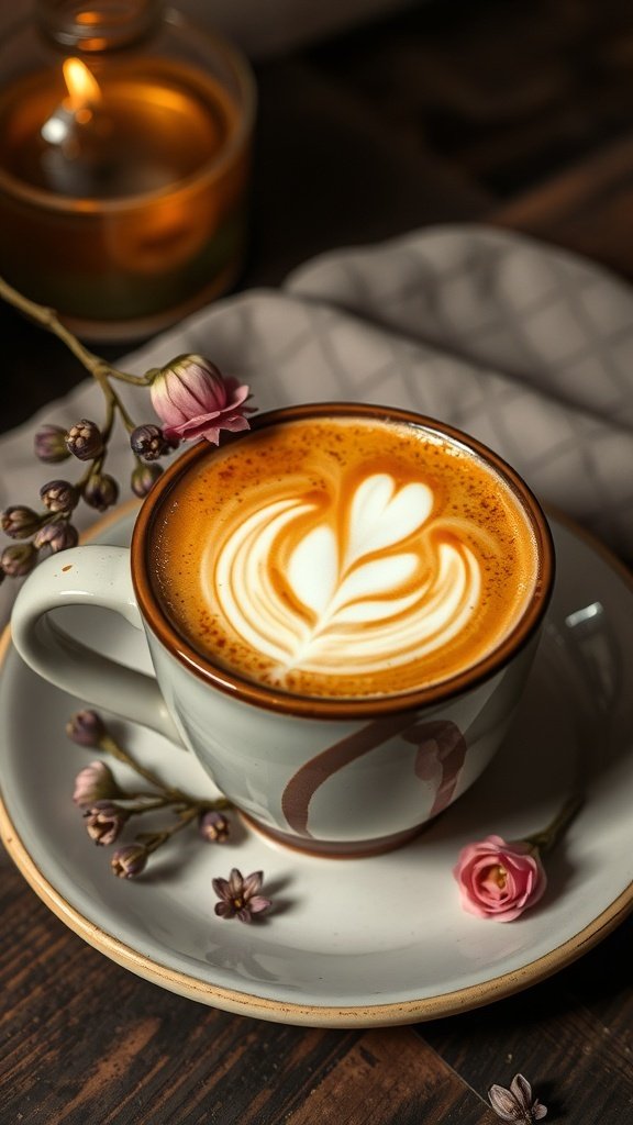 A beautifully crafted golden milk turmeric latte in a white mug on a table with a floral accent.