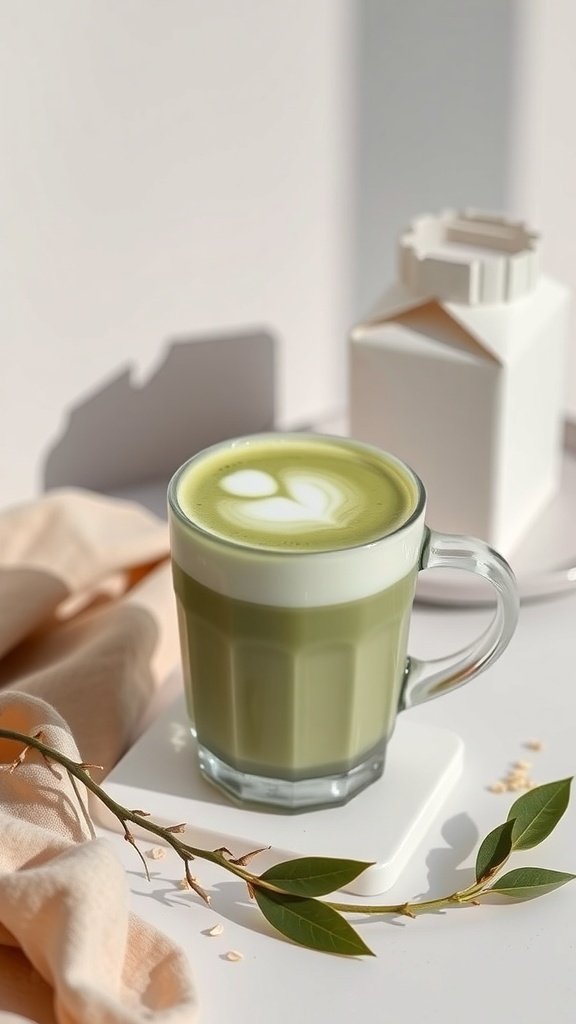 A glass of oat milk matcha latte with latte art on top, placed on a white surface with a soft cloth and a decorative element.