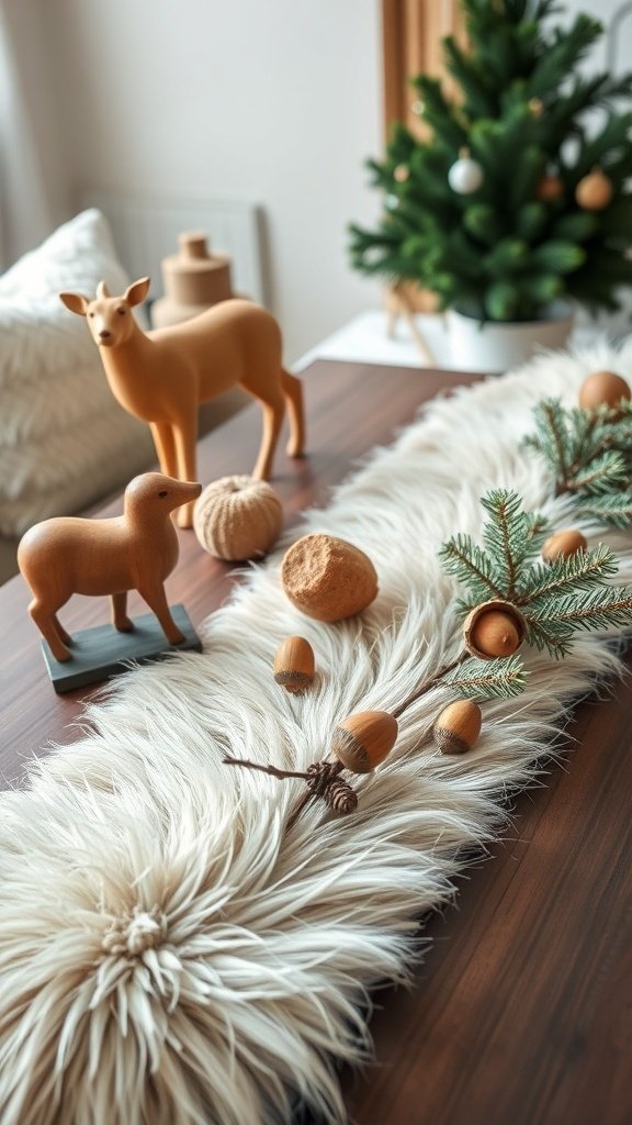 A cozy Christmas coffee table decorated with woodland creatures and natural elements.