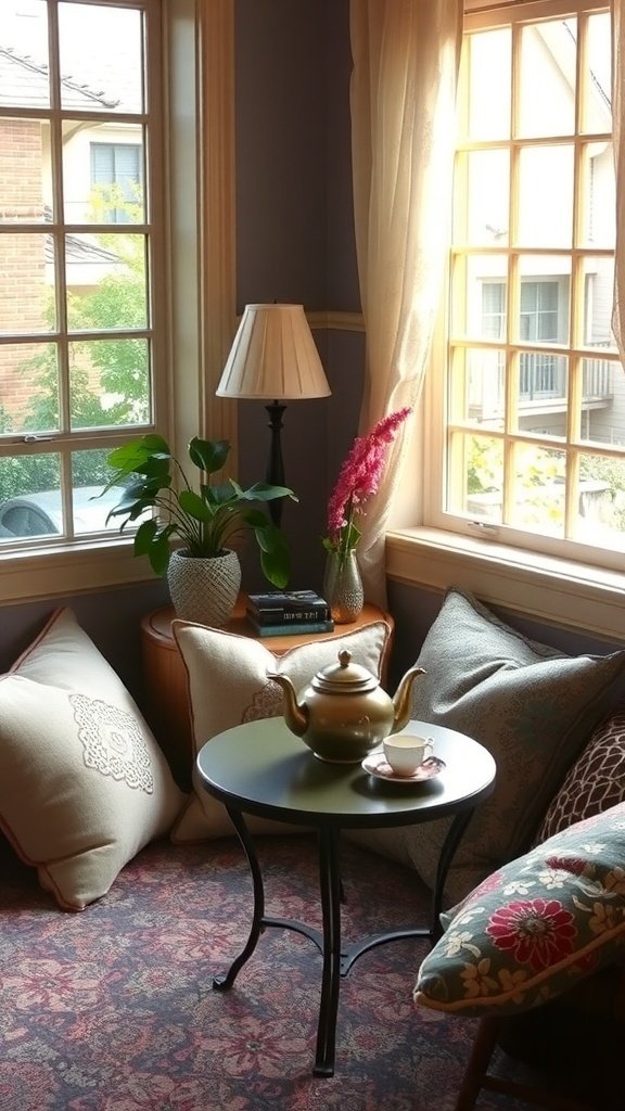Cozy tea corner by a window with cushions and a teapot