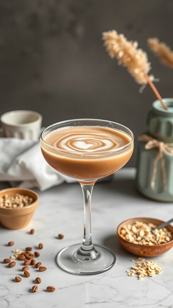 A stylish oat milk coffee martini in a glass, surrounded by coffee beans and oats.