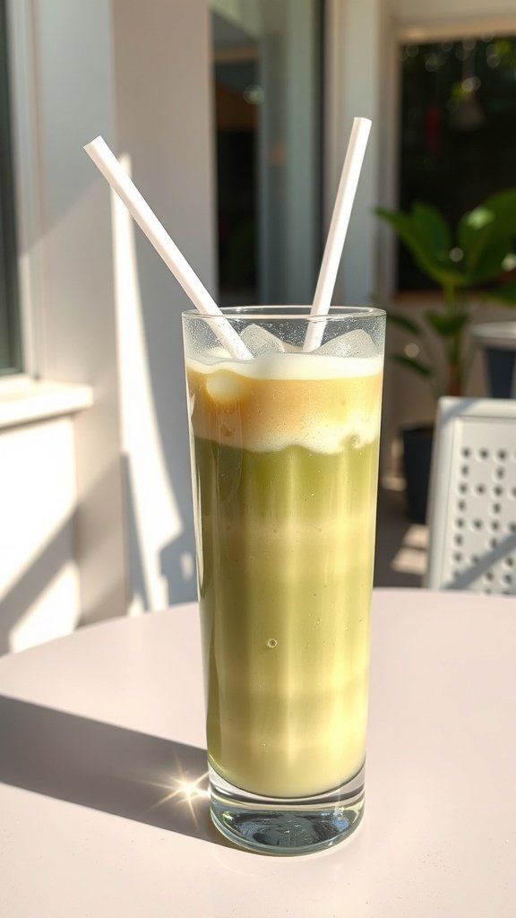 A refreshing iced matcha latte with two straws in a tall glass.