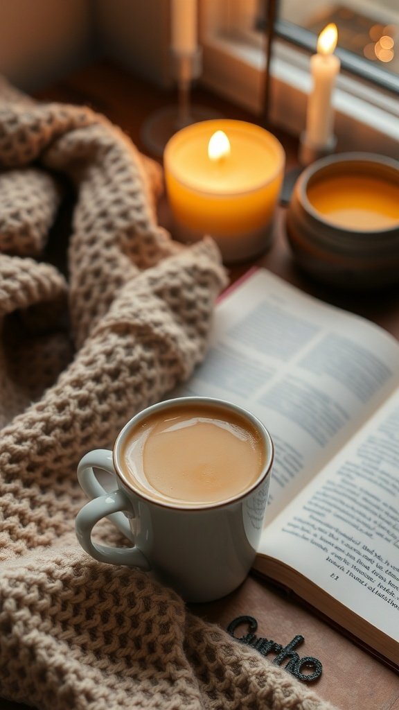 A cozy scene with a cup of golden milk turmeric latte, a blanket, and a book.