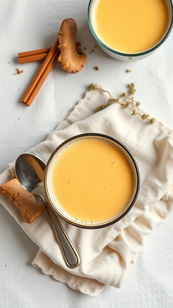 A cozy cup of golden milk turmeric latte on a soft cloth with cinnamon sticks