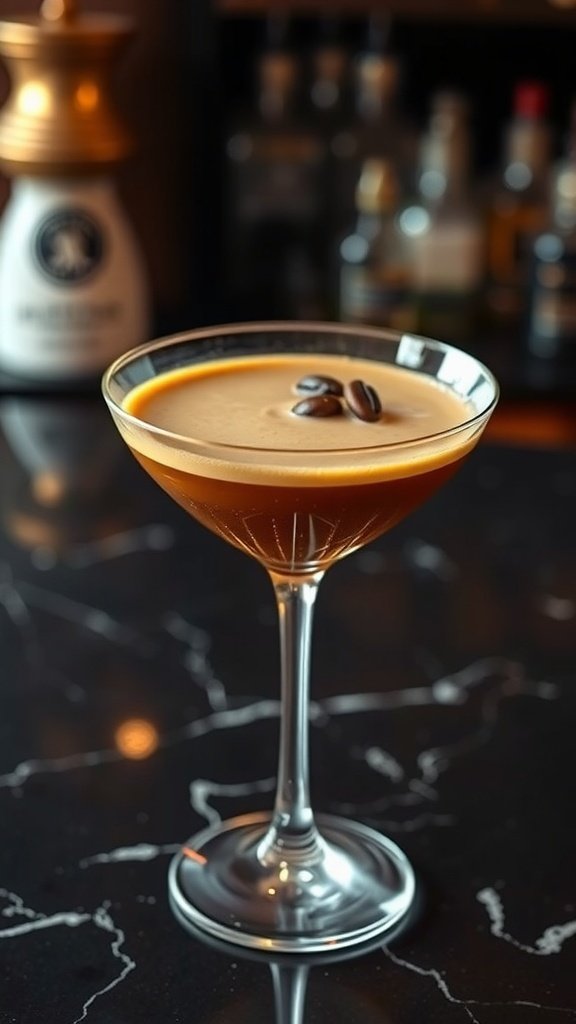 A classic coffee martini with bold espresso and vodka, garnished with coffee beans.