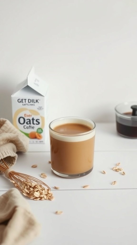 A glass of oat milk bulletproof coffee with a carton of oat milk and oats in the background.