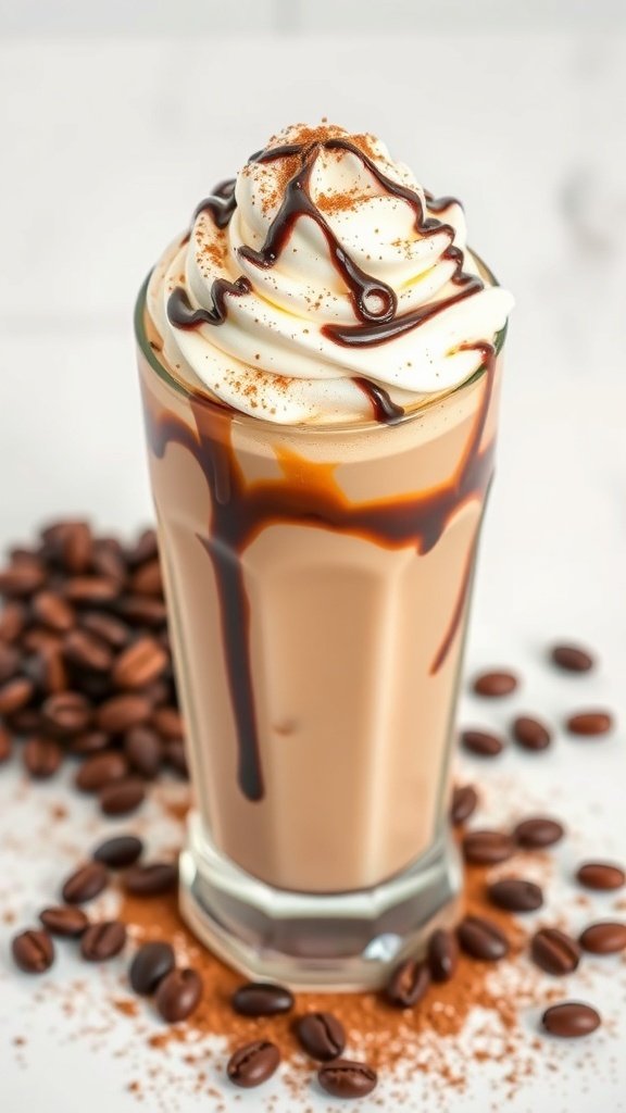 A Mocha Frappe topped with whipped cream and chocolate drizzle, surrounded by coffee beans.