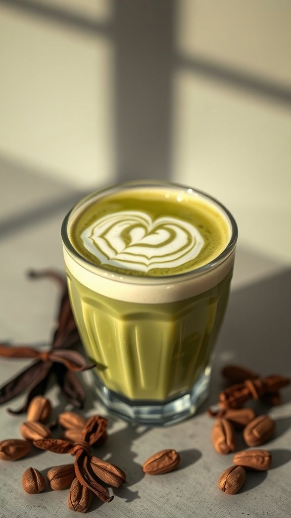 A glass of Vanilla Matcha Latte with a heart design on top, surrounded by vanilla pods and nuts.