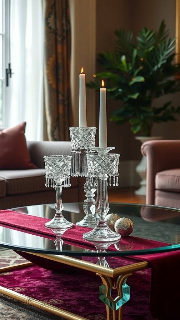 Christmas table decor with crystal candle holders and velvet accents.