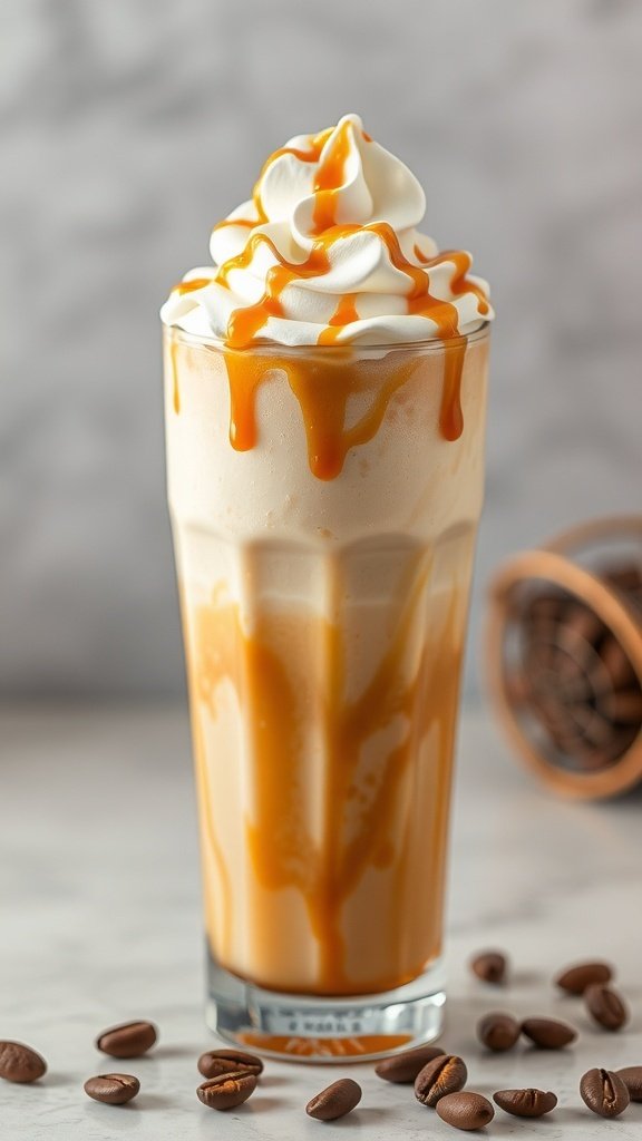 A creamy caramel frappe topped with whipped cream and caramel drizzle in a glass, surrounded by coffee beans.