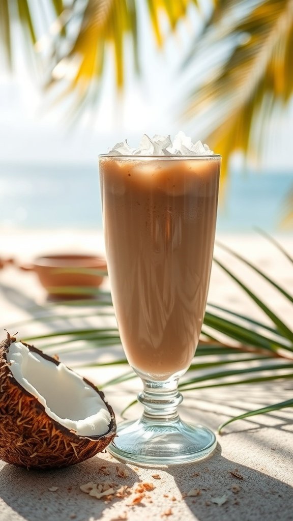 Iced Coconut Coffee Frappe in a glass with coconut shell beside it, set against a tropical background.