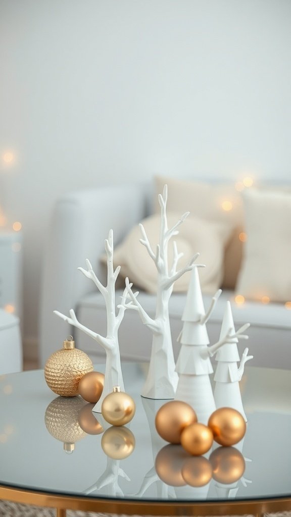 Minimalist Christmas table decor with white trees and gold ornaments.