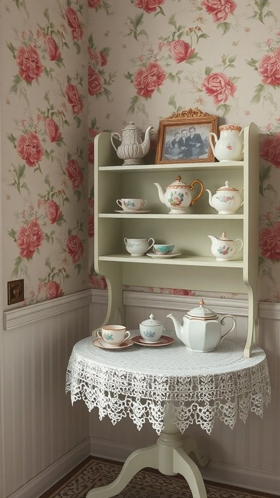 A vintage tea corner with floral wallpaper and delicate china on a lace tablecloth.
