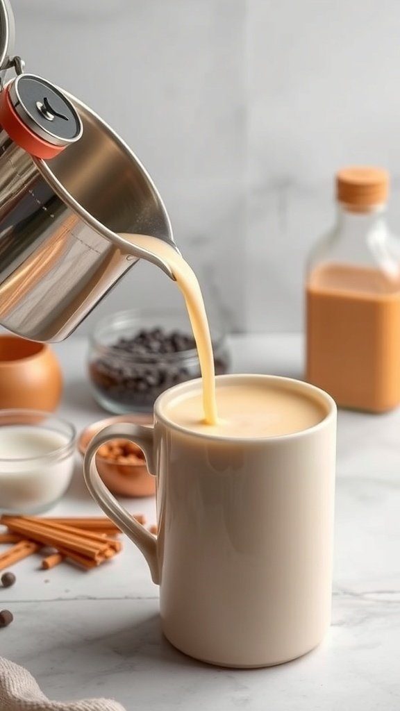 A golden milk turmeric latte being poured into a white mug, surrounded by ingredients.