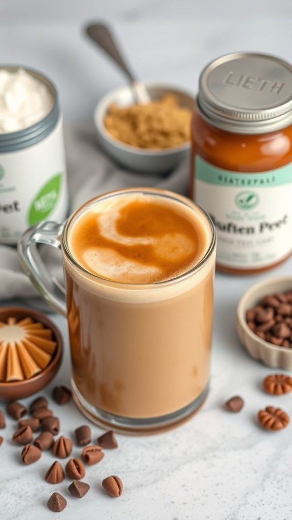 A glass mug filled with Keto Bulletproof Coffee, labeled 'KETO COFFEE,' with coffee beans scattered around.
